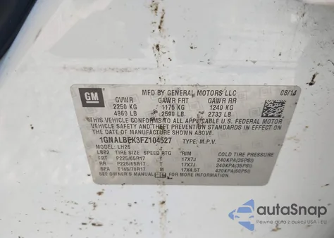 2015 Chevrolet Equinox 1Lt из США, поврежденный, VIN 1GNALBEK3FZ104527